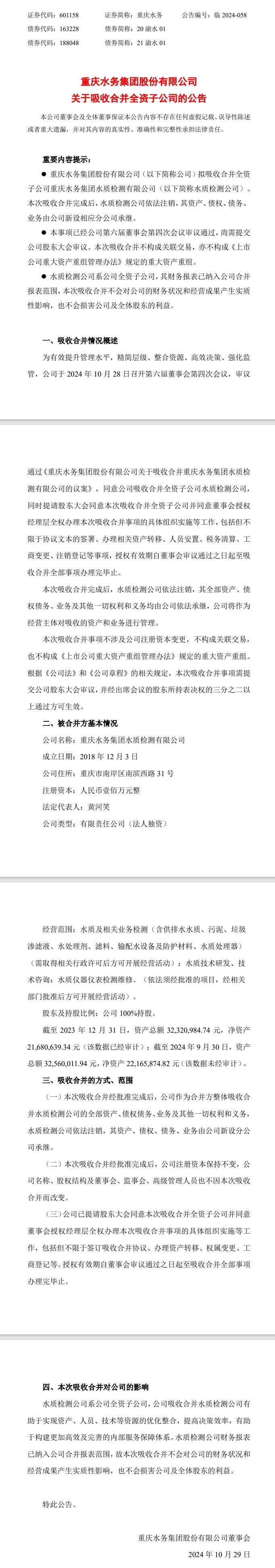 重慶水務(wù)吸收合并水質(zhì)檢測(cè)子公司