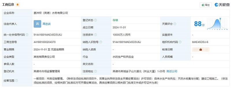 葛洲壩集團等在英德市成立水務公司，注冊資本1億