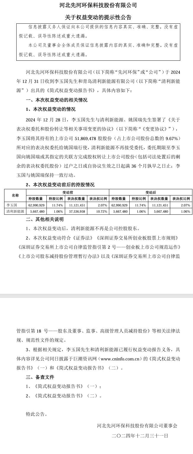 先河環(huán)保：清利新能源不再是控股股東