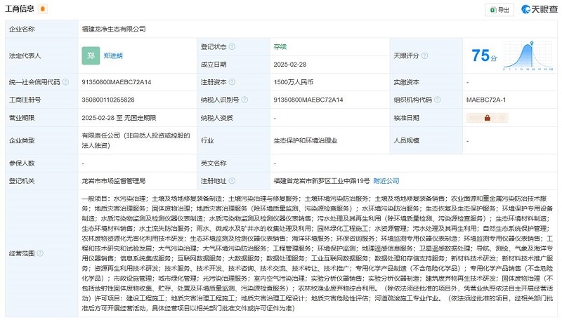 龍凈環(huán)保成立生態(tài)公司，注冊資本1500萬元