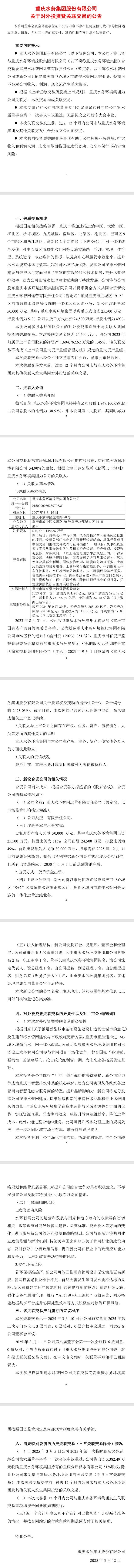 重慶水務：擬合資新設(shè)重慶水環(huán)智網(wǎng)運營有限責任公司