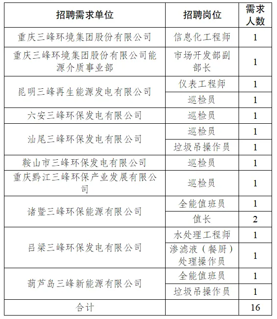 副部長、巡檢員、水處理工程師……重慶三峰環(huán)境集團(tuán)公開招聘